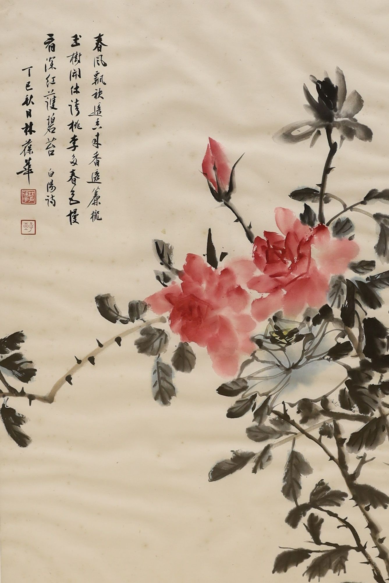 A Chinese painting on paper of peonies 67x44cm